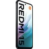 Smartfon z dużym wyświetlaczem, na którym widoczny jest napis "REDMI 15" oraz logo "mi" w pomarańczowym kwadracie. Tło ekranu ma gradientowe odcienie niebieskiego i fioletowego.