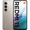 Smartfon z trzema aparatami z tyłu i ekranem z napisem "REDMI 15" oraz logo "mi" w rogu. Obudowa jest w kolorze tytanowym, a na module aparatu widnieje napis "INNOVATIVE AI CAMERA".