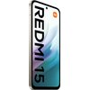 Na zdjęciu widoczny jest smartfon z dużym ekranem, na którym wyświetlany jest napis "REDMI 15" oraz logo "mi" w pomarańczowym kwadracie. Tło ekranu ma gradientowe odcienie niebieskiego i fioletowego.