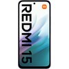 Na zdjęciu widoczny jest smartfon z dużym ekranem, na którym znajduje się napis "REDMI 15" oraz logo "mi" w pomarańczowym kwadracie. Tło ekranu ma gradientowe odcienie fioletu i błękitu.