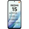 Na zdjęciu widoczny jest ekran smartfona z napisem: "REDMI 15", poniżej znajdują się informacje: "7000mAh (typ) ogromna bateria", "6.9” FHD+ wciągający ekran", "Wydajny procesor Snapdragon® 685", "Zakrzywiona obudowa dla większego komfortu", oraz "REDMI 1