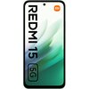 Smartfon z wyświetlaczem, na którym widnieje napis "REDMI 15 5G" oraz logo "mi" w pomarańczowym kwadracie. Tło ekranu jest w odcieniach zieleni i bieli.