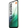 Smartfon w zielonym kolorze z wyświetlaczem, na którym widnieje napis "REDMI 15 5G" oraz logo "mi" w pomarańczowym kwadracie. Tło ekranu ma gradient zielonych odcieni.