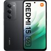 Czarny smartfon z trzema aparatami z tyłu, obok którego widoczny jest ekran z napisem "REDMI 15 5G" oraz logo "mi" w pomarańczowym kółku. Na obudowie z tyłu znajduje się napis "REDMI 5G".