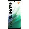 Smartfon z wyświetlaczem wypełniającym cały przód urządzenia, na którym widoczny jest gradientowy motyw w odcieniach zieleni i bieli. Na ekranie znajduje się duży napis "REDMI 15 5G" oraz logo "mi" w pomarańczowym kwadracie.