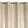 Zasłona w kolorze jasnobeżowo-złotym z metalowymi przelotkami na górze, o fakturze przypominającej delikatny połysk. Produkt to "Zasłona EUROFIRANY Renia 140 x 250 cm Jasnobeżowo-złoty".