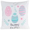 Biała poszewka z nadrukiem trzech kolorowych pisanek w pastelowych odcieniach różu i błękitu, otoczonych kwiatkami i gałązkami. Na dole widnieje napis "Happy Easter".