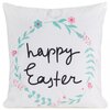 Biała poszewka z napisem "happy Easter" otoczonym kolorowym wzorem z liści i kwiatów. Wzór zawiera elementy w odcieniach zieleni, różu i błękitu.