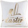Biała poszewka z nadrukiem w złotym kolorze przedstawiającym napis "Happy Easter" oraz stylizowany motyw zająca. Krawędzie poszewki są obszyte złotą lamówką.