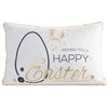 Biała poszewka z nadrukiem przedstawiającym kontur jajka, zajączka oraz kwiatki, z napisem "Wishing you a Happy Easter" w kolorach złotym i czarnym. Poszewka ma delikatne złote obszycie na krawędziach.