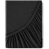 Czarne prześcieradło z gumką, wykonane z materiału typu jersey, jest starannie złożone, ukazując elastyczną krawędź. Produkt ma wymiary 180 x 200 cm.