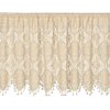 Beżowa firana o wymiarach 150 x 60 cm z delikatnym, ażurowym wzorem w kształcie owalnych motywów. Dolna krawędź firany jest ozdobiona frędzlami.