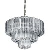 Lampa sufitowa z przezroczystymi, pionowymi elementami szklanymi, zawieszona na metalowym łańcuchu. Konstrukcja lampy ma kaskadowy kształt, tworząc elegancki i nowoczesny wygląd.