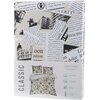Opakowanie pościeli z nadrukiem przypominającym wycinki gazet, z widocznymi fragmentami tekstu, takimi jak "Lorem ipsum" i "Classic". Na dole opakowania znajduje się zdjęcie kompletu pościeli oraz napisy: "KOMPLET POŚCIELI 100% BAWEŁNA", a także ikony z o