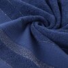 Granatowy ręcznik o fakturze frotte, z widocznymi srebrnymi paskami biegnącymi wzdłuż materiału. Tkanina jest ułożona w spiralny wzór, co podkreśla jej miękkość i strukturę.