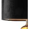 Czarny abażur lampy podłogowej z widocznym złotym wnętrzem, poniżej złoty element konstrukcji lampy. Produkt to "Lampa podłogowa EUROFIRANY Leona 467319 Czarno-złoty wysokość 165 cm".