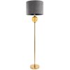 Na zdjęciu znajduje się lampa podłogowa z szarym abażurem i złotą podstawą, ozdobiona złotą kulą pod abażurem. Lampa ma elegancki, nowoczesny design i jest wysoka na 165 cm.