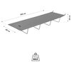 Szare łóżko turystyczne z metalowymi nogami, oznaczone logo "NILS CAMP", ma wymiary 190 cm długości, 60 cm szerokości i 20 cm wysokości. Pod łóżkiem znajduje się ikona z napisem "150 kg MAX".