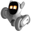 Na zdjęciu znajduje się interaktywna zabawka robot o nowoczesnym designie, z dużymi, świecącymi na pomarańczowo oczami na czarnym ekranie oraz szarymi kołami. Robot ma gładką, białą obudowę z szarymi elementami i zaokrąglonymi kształtami.