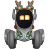 Interaktywna zabawka robot o świątecznym wyglądzie, z rogami renifera ozdobionymi zielonymi liśćmi i czerwonymi jagodami, posiada czarny ekran z wyświetlanymi dwoma żółtymi oczami. Robot ma szare koła i zielono-złote detale na korpusie.
