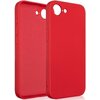 Czerwone etui silikonowe z wycięciami na aparat i przyciski, widoczne z przodu i z tyłu. Produkt ma gładką powierzchnię i jest przeznaczony do telefonu Apple iPhone 16e.