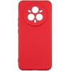 Czerwone etui silikonowe z okrągłym wycięciem na aparat, posiada cztery otwory w układzie przypominającym kwiat. Etui ma gładką powierzchnię i zaokrąglone rogi.