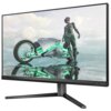 Przedstawiony jest monitor z wyświetlonym obrazem futurystycznego motocykla i postaci w kombinezonie, odbijających się na lustrzanej powierzchni. Na ramce monitora widoczne są napisy "EVNIA" i "PHILIPS".