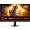 Monitor AOC 27G4HRE 27" wyświetla dynamiczną grafikę z postacią w zbroi na tle miasta, z widocznymi napisami: "27”", "FHD FULL HD", "200Hz", "FAST IPS", "1ms GTG", "NVIDIA G-SYNC", "LOW INPUT LAG", "WIDE COLOUR GAMUT" oraz logo "AOC GAMING". Na dolnej ram