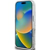 Przezroczyste etui na telefon z kolorowym, abstrakcyjnym tłem na ekranie, które przedstawia gradientowe przejścia barw od zieleni przez niebieski do pomarańczowego. Na krawędziach etui widoczne są przyciski oraz wycięcia na porty, a całość ma elegancki, m