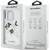 Opakowanie etui na telefon z logo "KARL LAGERFELD" zawiera przezroczyste etui z czarnymi literami układającymi się w napis "KARL". Na odwrocie opakowania znajdują się piktogramy z opisami: "Drop Protection", "Slim Profile", "Light Weight", "Easy Snap-On",
