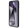 Na zdjęciu widoczne jest etui na telefon z czarną ramką, które obejmuje urządzenie z wyświetlaczem prezentującym abstrakcyjny, geometryczny wzór w odcieniach szarości i fioletu. Na boku etui znajdują się dwa przyciski.