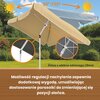 Parasol ogrodowy w kolorze beżowym z możliwością regulacji nachylenia od 90° do 135°, umieszczony na tle zielonego ogrodu. Na zdjęciu widoczny jest tekst: "Żebra z włókna szklanego Ø8mm" oraz "Możliwość regulacji nachylenia zapewnia dodatkową wygodę, umoż