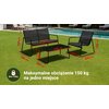Zestaw mebli ogrodowych składa się z dwóch krzeseł, ławki i stolika, ustawionych na trawie przy basenie, z wymiarami podanymi w milimetrach: ławka 1120x760x750, stolik 750x450x455, krzesła 760x600x750. Na zdjęciu widnieje tekst: "Maksymalne obciążenie 150