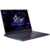 Laptop z otwartym ekranem wyświetlającym kolorową grafikę z motywem kosmicznym, z klawiaturą podświetlaną w różnych kolorach. Na ekranie widoczne jest logo w kształcie stylizowanej litery "M".