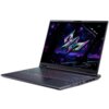 Laptop z otwartym ekranem, na którym wyświetlany jest futurystyczny, kolorowy motyw z elementami kosmicznymi. Klawiatura jest podświetlana w różnych kolorach, a obudowa ma ciemny odcień.