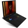 Laptop z logo MSI na obudowie, z podświetlaną klawiaturą w różnych kolorach. Na ekranie widoczna jest grafika z pomarańczowymi liniami i emblematem smoka.