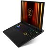 Laptop z otwartym ekranem, na którym widoczny jest emblemat smoka na tle pomarańczowych linii świetlnych. Klawiatura jest podświetlana w różnych kolorach, a na obudowie znajduje się logo "msi".