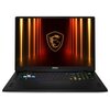 Na zdjęciu widoczny jest laptop z logo MSI na obudowie, z ekranem wyświetlającym grafikę z pomarańczowymi liniami i emblematem smoka. Klawiatura jest podświetlana w różnych kolorach.