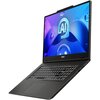 Czarny laptop z widocznym logo "MSI" na pokrywie, częściowo otwarty, ukazujący klawiaturę i touchpad. Obudowa ma matowe wykończenie, a klawiatura jest podświetlona.
