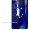 Przezroczysta osłona ekranu nałożona na telefon z niebieskim, abstrakcyjnym tłem i białą ikoną tarczy. Produkt to "Szkło hybrydowe 3MK FlexibleGlass Pro do Samsung Galaxy S25 FE".