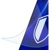 Na zdjęciu widoczny jest fragment ekranu telefonu z nałożonym szkłem ochronnym, na którym znajduje się niebieski wzór z białymi kropkami oraz białą ikoną tarczy. Szkło jest lekko uniesione, co sugeruje jego elastyczność.