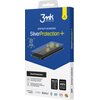 Niebieskie opakowanie z logo "3mk Protection" zawiera napis "SilverProtection+" oraz grafikę przedstawiającą folię ochronną na smartfonie. Na opakowaniu znajdują się informacje: "Kills 99% of germs", "Your screen 400% stronger", a także certyfikaty i nagr