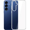 Na zdjęciu widoczny jest przezroczysty futerał na telefon, obok którego znajduje się niebieski smartfon z trzema obiektywami aparatu i napisem "Samsung" na dole. Futerał jest dopasowany do kształtu telefonu, z wycięciami na obiektywy i przyciski.