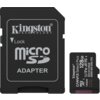 Na zdjęciu widoczna jest karta pamięci microSDXC o pojemności 128GB oraz adapter, oba z logo "Kingston Technology". Na karcie znajduje się tekst: "Canvas Select Plus, 128GB, microSDXC I, V10 A1, C10, SDCS2/128GB, Taiwan".