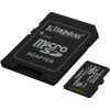 Na zdjęciu widoczna jest karta pamięci microSDXC o pojemności 128GB oraz adapter, oba z logo Kingston. Na karcie znajduje się tekst: "Kingston Canvas Select Plus, 128GB, A1, U1, V10, 41°C, microSDXC I, SDC3/128GB, Taiwan".