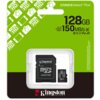 Opakowanie karty pamięci microSDXC o pojemności 128GB z adapterem, marki Kingston, z widocznymi oznaczeniami prędkości do 150MB/s oraz symbolami Full HD, A1, V10. Na opakowaniu znajduje się logo Kingston Technology oraz grafiki aparatów i smartfonów.