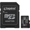 Na zdjęciu widoczna jest karta pamięci microSDXC o pojemności 64GB marki Kingston wraz z adapterem. Na adapterze znajduje się napis "Kingston Technology", "Lock", "microSD" oraz "Adapter", a na karcie pamięci "Kingston", "Canvas Select Plus", "64GB", "V10