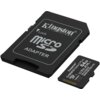 Na zdjęciu widoczna jest karta pamięci microSDXC o pojemności 64GB oraz adapter, oba w kolorze czarnym. Na adapterze znajduje się napis "Kingston Technology", a na karcie "Kingston Canvas Select Plus 64GB".