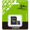 Opakowanie karty pamięci Kingston Canvas Select Plus Gen3 microSDXC 64GB z adapterem, na zielonym tle z ikonami aparatów i telefonów oraz napisami "FULL HD". Widoczne są napisy: "64GB", "UP TO 100MB/s", "Kingston Technology", a karta i adapter znajdują si