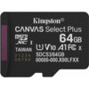 Czarna karta pamięci z białymi napisami: "Kingston CANVAS Select Plus microSDXC I 64GB TAIWAN U1 V10 A1 SDCS3/64GB 00000-000.X00LFXX". Widoczne są także symbole i numeracja "01234 56789".